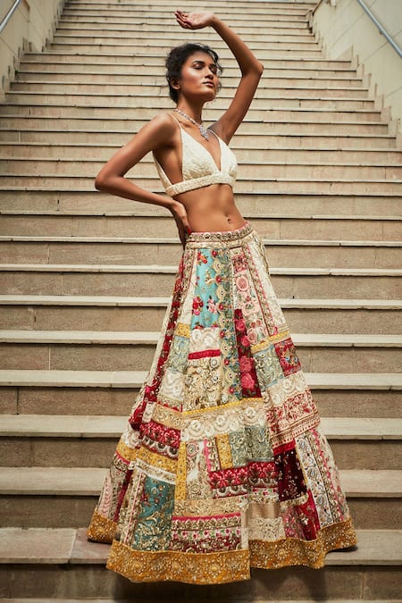 Buy_Varun Bahl_Multi Color Crop Top Georgette V Neck Upcycled Lehenga Set  _Online_at_Aza_Fashions