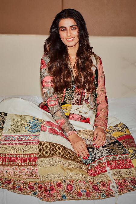 Buy_Varun Bahl_Multi Color Skirt Raw Silk V Neck Upcycled Peplum Jacket And Set _Online_at_Aza_Fashions