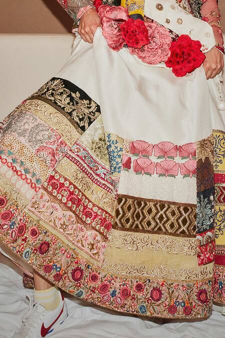 Shop_Varun Bahl_Multi Color Skirt Raw Silk V Neck Upcycled Peplum Jacket And Set _Online_at_Aza_Fashions