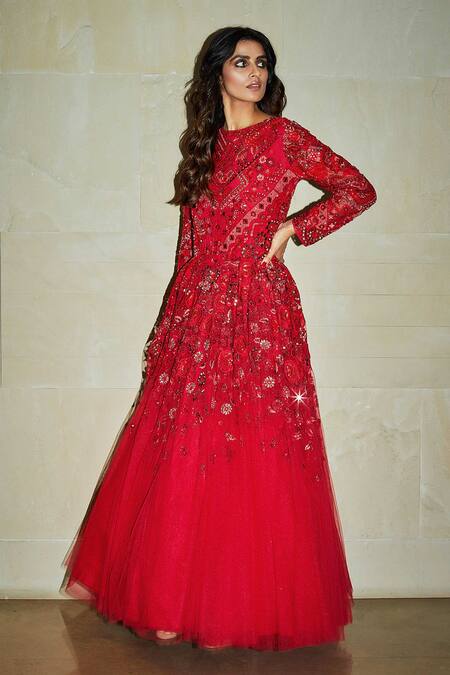 Buy_Varun Bahl_Red Mono Net Round Embroidered Flared Gown _Online_at_Aza_Fashions