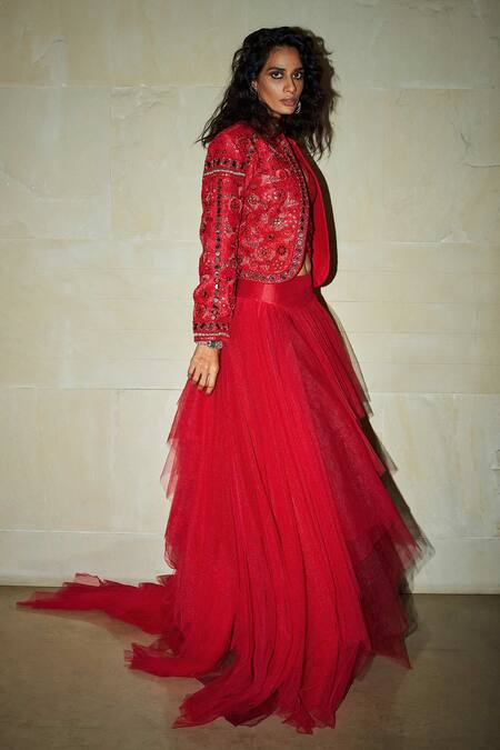 Varun Bahl_Red Skirt Mono Net Jacket And  Modal Dupion Top V Embroidered & Set _Online_at_Aza_Fashions