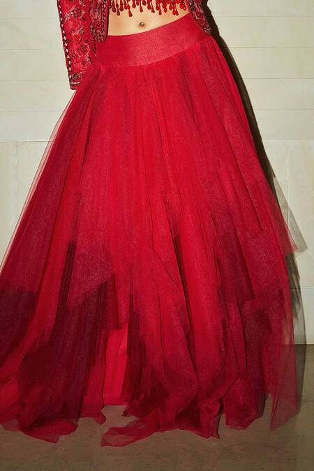 Shop_Varun Bahl_Red Skirt Mono Net Jacket And  Modal Dupion Top V Embroidered & Set _Online_at_Aza_Fashions