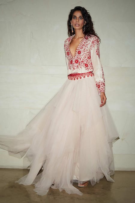 Buy Varun Bahl Pink Skirt Mono Net Top Modal Dupion V Neck Peplum And Set Online at Aza Fashions Buy_Varun Bahl_Pink Skirt Mono Net Top Modal Dupion V Neck Peplum And Set _Online_at_Aza_Fashions