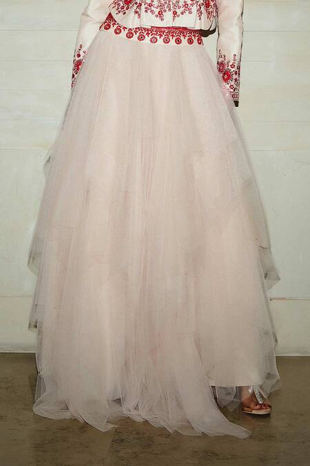 Shop Varun Bahl Pink Skirt Mono Net Top Modal Dupion V Neck Peplum And Set Online at Aza Fashions Shop_Varun Bahl_Pink Skirt Mono Net Top Modal Dupion V Neck Peplum And Set _Online_at_Aza_Fashions