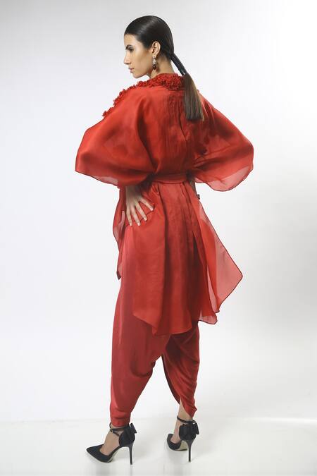 Shop_Varun Bahl_Red Velvet, Silk Satin Organza V Neck Cape And Draped Pant Set_at_Aza_Fashions