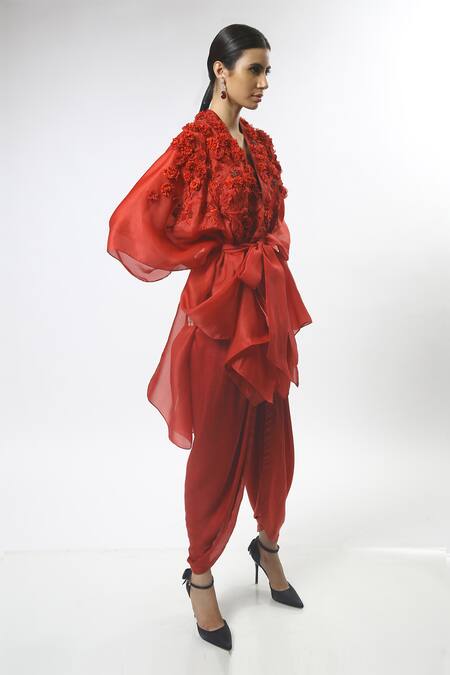 Varun Bahl_Red Velvet, Silk Satin Organza V Neck Cape And Draped Pant Set_Online_at_Aza_Fashions