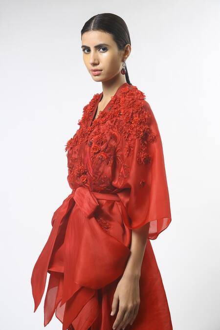 Buy_Varun Bahl_Red Velvet, Silk Satin Organza V Neck Cape And Draped Pant Set_Online_at_Aza_Fashions