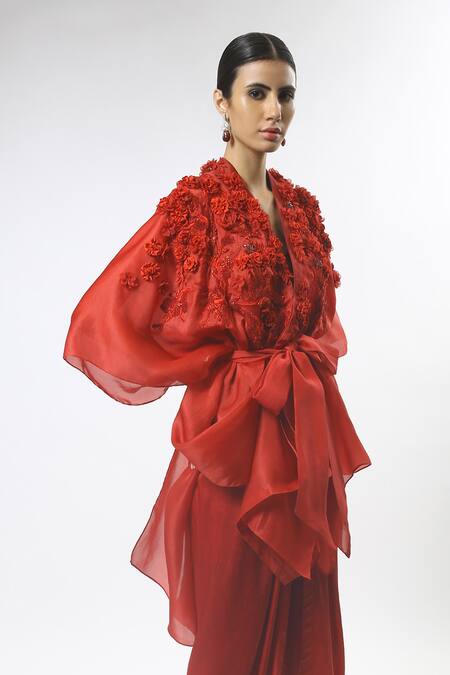 Shop_Varun Bahl_Red Velvet, Silk Satin Organza V Neck Cape And Draped Pant Set_Online_at_Aza_Fashions