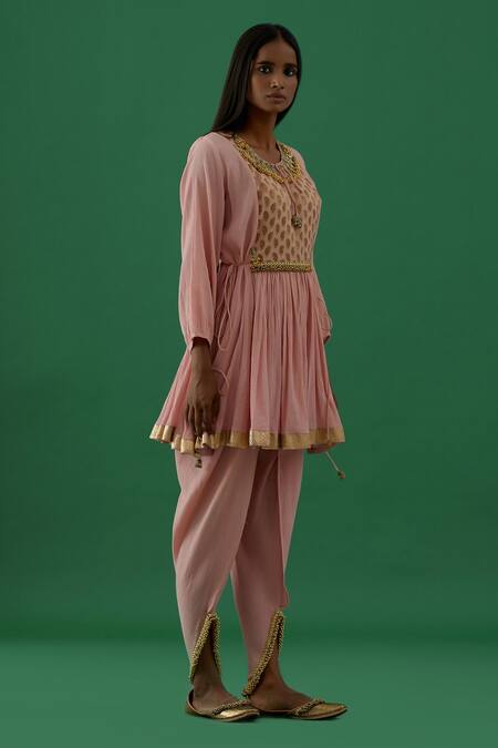 Shop_5elements_Pink 100% Cotton With Silk Brocade Yoke Crushed Anarkali And Dhoti Pant Set _Online_at_Aza_Fashions