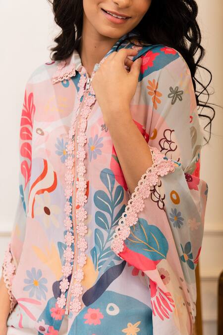 Varun Bahl_Multi Color Tunic And Blouse Georgette Printed Amoeba Spread Collar & Pant Set_at_Aza_Fashions