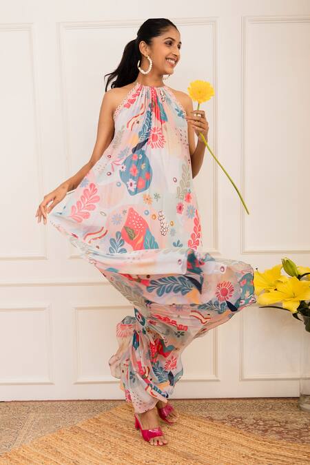 Varun Bahl_Multi Color Georgette Printed Amoeba Round Sleeveless Tiered Dress_Online_at_Aza_Fashions