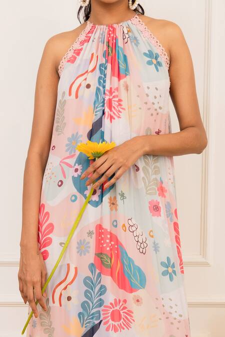 Varun Bahl_Multi Color Georgette Printed Amoeba Round Sleeveless Tiered Dress_at_Aza_Fashions