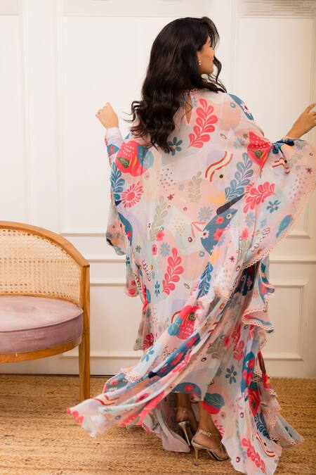 Varun Bahl_Multi Color Georgette Printed Amoeba Round Ruffle Cape Dress_Online_at_Aza_Fashions