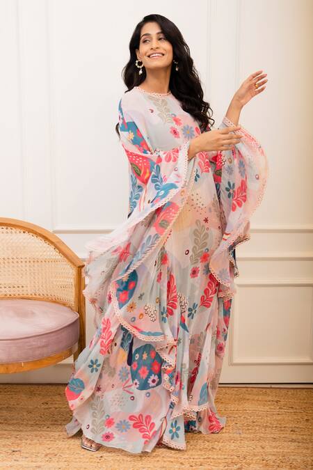 Buy_Varun Bahl_Multi Color Georgette Printed Amoeba Round Ruffle Cape Dress_Online_at_Aza_Fashions
