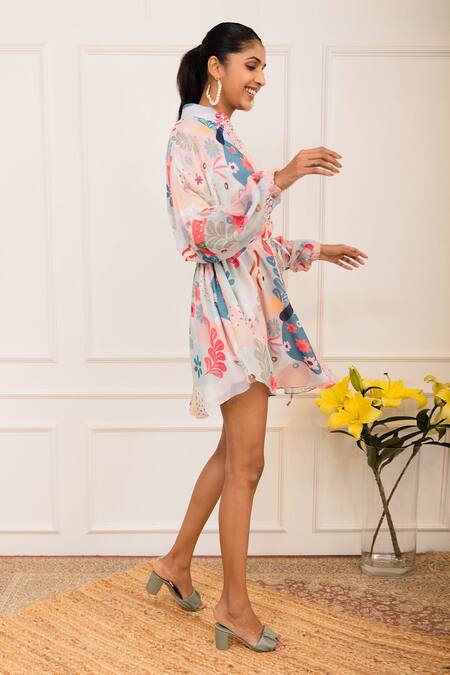 Buy_Varun Bahl_Multi Color Georgette Printed Amoeba Mandarin Collar Shirt Dress_Online_at_Aza_Fashions