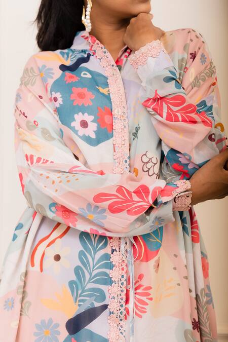 Shop_Varun Bahl_Multi Color Georgette Printed Amoeba Mandarin Collar Shirt Dress_Online_at_Aza_Fashions