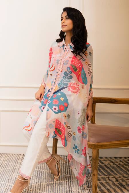 Buy_Varun Bahl_Multi Color Georgette Printed Amoeba Spread Collar Tunic_Online_at_Aza_Fashions