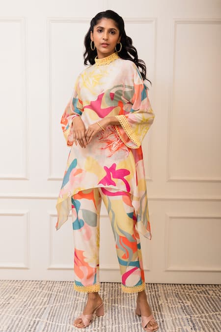 Varun Bahl Multi Color Chanderi Printed Floral High Neck Top And Pant Set 