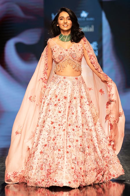 Buy_Varun Bahl_Pink Silk And Organza Floral Motifs Plunge V Neck Embroidered Bridal Lehenga Set _Online_at_Aza_Fashions