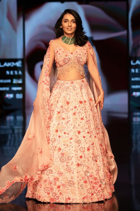 Shop_Varun Bahl_Pink Silk And Organza Floral Motifs Plunge V Neck Embroidered Bridal Lehenga Set _at_Aza_Fashions