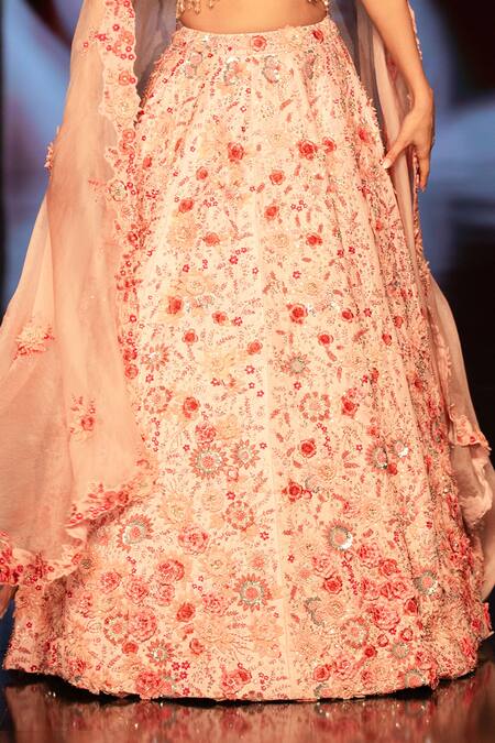 Varun Bahl_Pink Silk And Organza Floral Motifs Plunge V Neck Embroidered Bridal Lehenga Set _at_Aza_Fashions