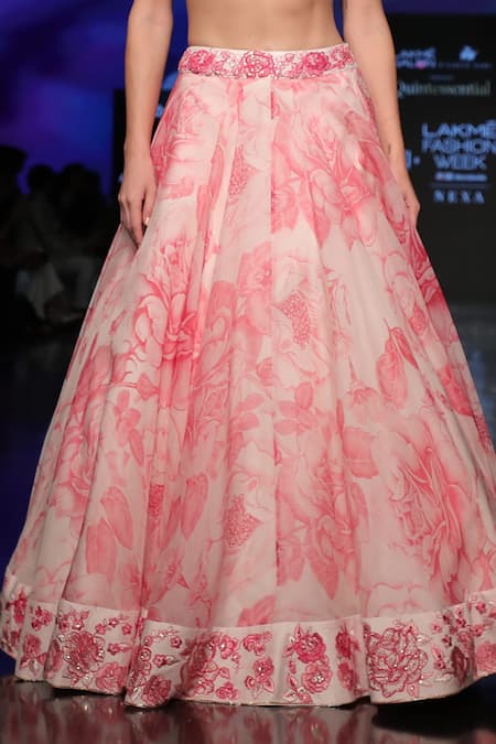 Varun Bahl_Pink Silk, Organza Floral V Neck Print Bridal Lehenga Set _Online_at_Aza_Fashions