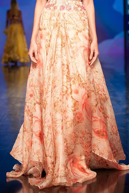 Varun Bahl_Peach Silk, Organza Floral V Neck Print Bridal Lehenga Set _Online_at_Aza_Fashions