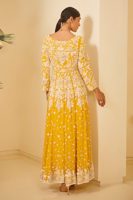 Shop Varun Bahl Yellow Organza, Georgette, Spandex Net V Neck Embroidered Anarkali Set at Aza Fashions Shop_Varun Bahl_Yellow Organza, Georgette, Spandex Net V Neck Embroidered Anarkali Set _at_Aza_Fashions