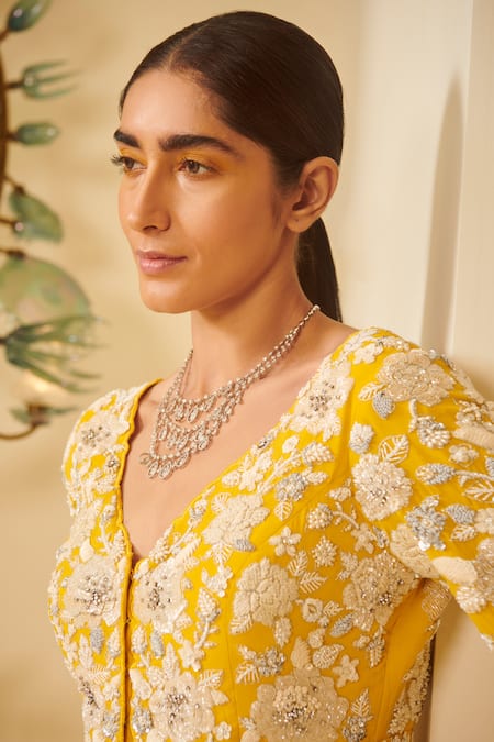 Buy Varun Bahl Yellow Organza, Georgette, Spandex Net V Neck Embroidered Anarkali Set Online at Aza Fashions Buy_Varun Bahl_Yellow Organza, Georgette, Spandex Net V Neck Embroidered Anarkali Set _Online_at_Aza_Fashions