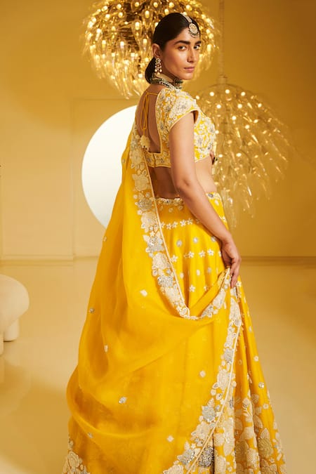 Shop Varun Bahl Yellow Organza, Modal Dupion V Neck Embroidered Bridal Lehenga Set at Aza Fashions Shop_Varun Bahl_Yellow Organza, Modal Dupion V Neck Embroidered Bridal Lehenga Set _at_Aza_Fashions