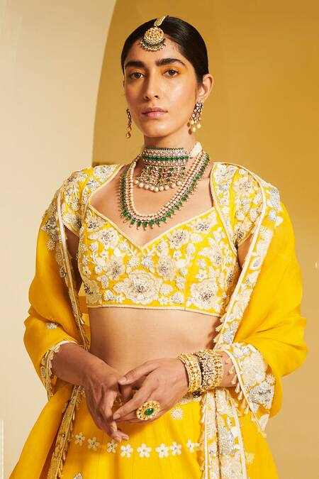 Shop Varun Bahl Yellow Organza, Modal Dupion V Neck Embroidered Bridal Lehenga Set Online at Aza Fashions Shop_Varun Bahl_Yellow Organza, Modal Dupion V Neck Embroidered Bridal Lehenga Set _Online_at_Aza_Fashions