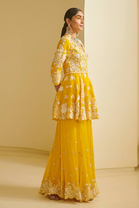 Varun Bahl_Yellow Organza, Chiffon V Neck Embroidered Kurta Sharara Set _Online_at_Aza_Fashions