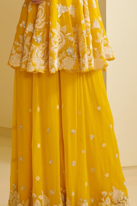 Varun Bahl_Yellow Organza, Chiffon V Neck Embroidered Kurta Sharara Set _at_Aza_Fashions