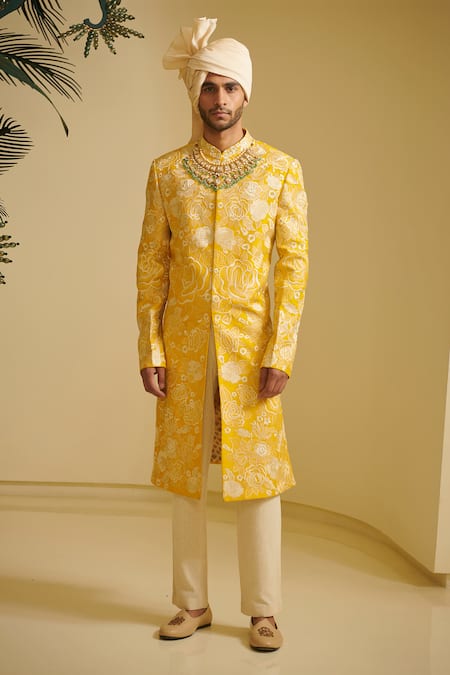 Varun Bahl Yellow Modal Dupion Embroidered Sherwani And Pant Set  