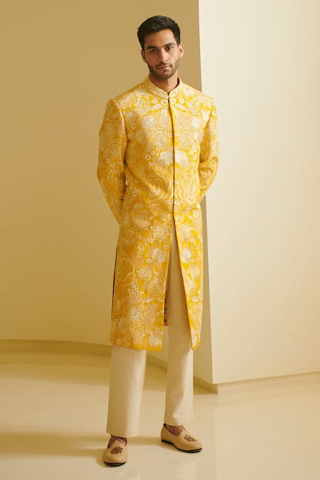 Varun Bahl_Yellow Silk, Modal Dupion Embroidered Sherwani And Pant Set _Online_at_Aza_Fashions
