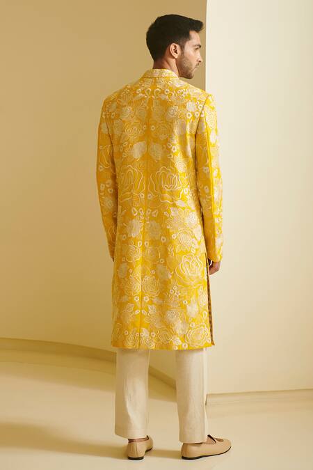 Buy_Varun Bahl_Yellow Silk, Modal Dupion Embroidered Sherwani And Pant Set _Online_at_Aza_Fashions
