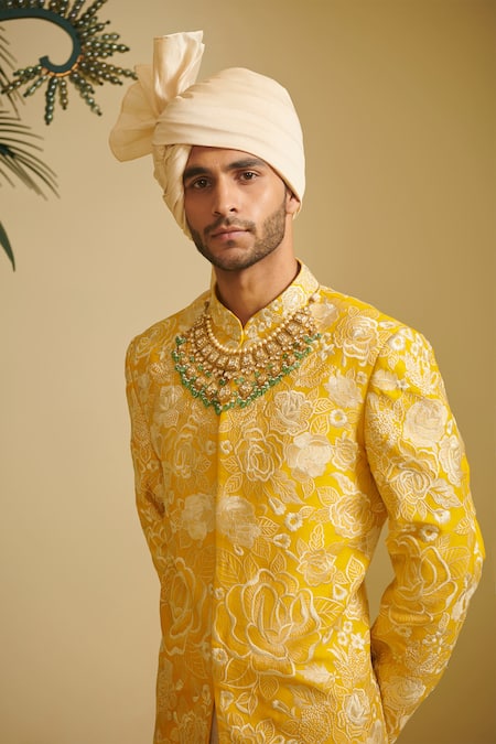 Shop_Varun Bahl_Yellow Silk, Modal Dupion Embroidered Sherwani And Pant Set _Online_at_Aza_Fashions
