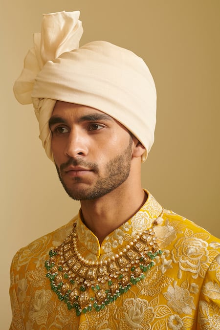 Varun Bahl_Yellow Silk, Modal Dupion Embroidered Sherwani And Pant Set _at_Aza_Fashions