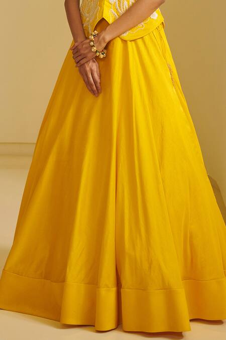 Shop Varun Bahl Yellow Modal Dupion V Neck Embroidered Gillet And Lehenga Set Online at Aza Fashions Shop_Varun Bahl_Yellow Modal Dupion V Neck Embroidered Gillet And Lehenga Set _Online_at_Aza_Fashions