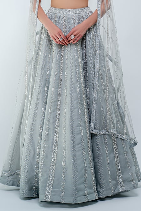 Varun Chakkilam_Silver Net, Silk Organza Glass Beads, Stones Hand Embroidered Bridal Lehenga Set_Online_at_Aza_Fashions