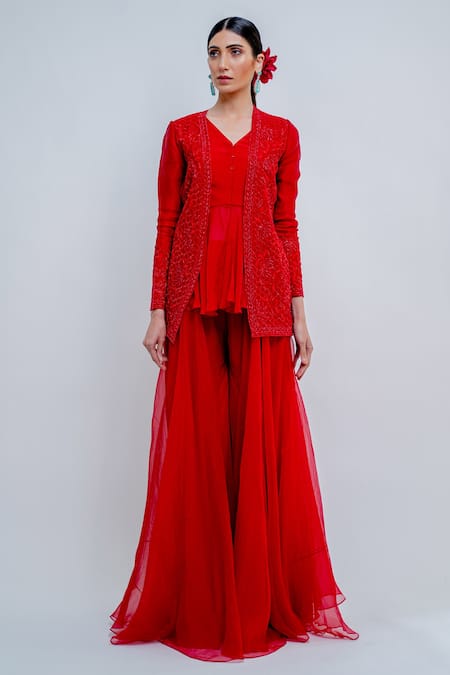 Varun Chakkilam Red Chiffon, Silk Organza Glass Beads, Thread Embroidered Jacket And Palazzo Set 