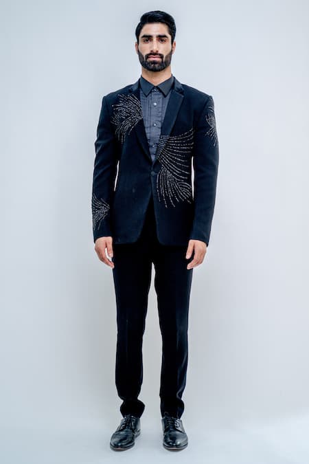 Varun Chakkilam Black Poly Blend Suiting Embroidered Metallic Glass Jacket And Pant Set  