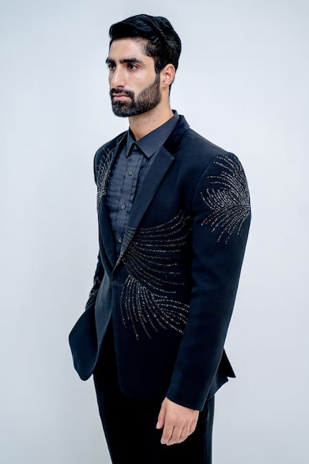 Shop Varun Chakkilam Black Poly Blend Suiting Embroidered Metallic Glass Jacket And Pant Set at Aza Fashions Shop_Varun Chakkilam_Black Poly Blend Suiting Embroidered Metallic Glass Jacket And Pant Set _at_Aza_Fashions