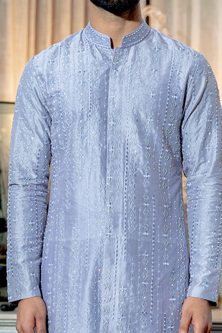 Varun Chakkilam_Blue Silk Floral, Geometric Embroidered Kurta Set _Online_at_Aza_Fashions