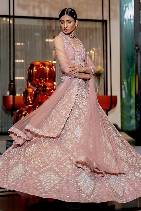 Varun Chakkilam Pink Silk Organza Embroidered Glass Beads V Neck Bridal Lehenga Set 