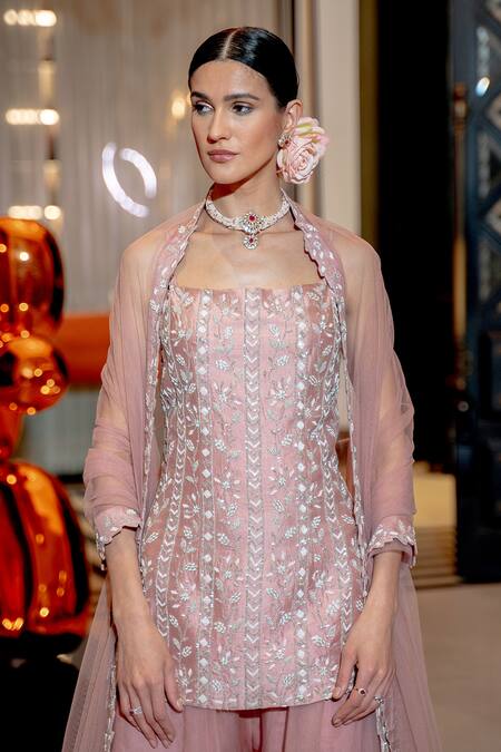 Shop Varun Chakkilam Pink Silk Organza Floral Motifs Square Neck Embroidered Kurta Palazzo Set at Aza Fashions Shop_Varun Chakkilam_Pink Silk Organza Floral Motifs Square Neck Embroidered Kurta Palazzo Set_at_Aza_Fashions