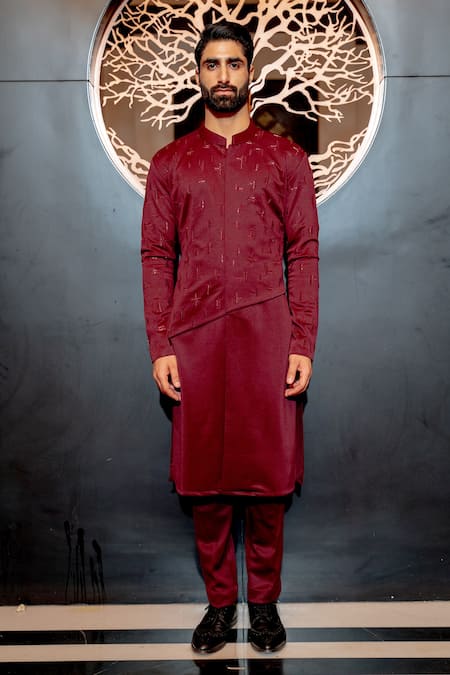 Varun Chakkilam Maroon Poly Blend Suiting Glass Beads Embroidered Kurta Set 