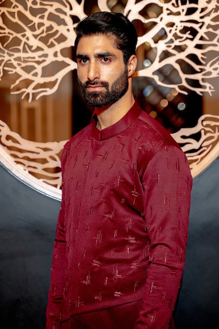 Shop_Varun Chakkilam_Maroon Poly Blend Suiting Glass Beads Embroidered Kurta Set _at_Aza_Fashions