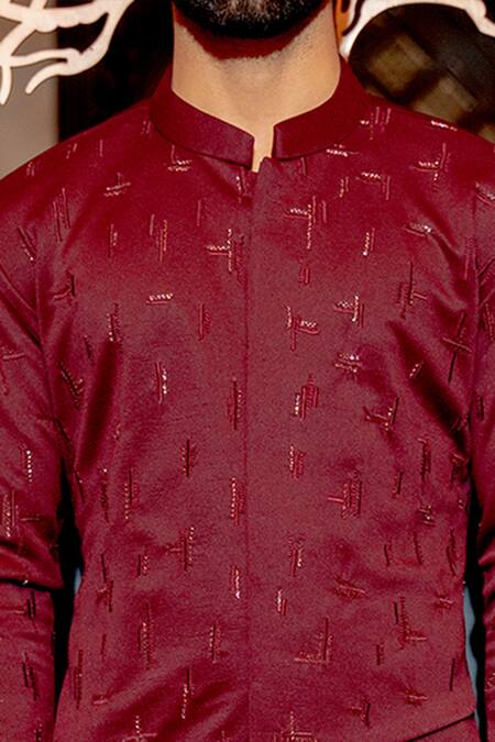 Varun Chakkilam_Maroon Poly Blend Suiting Glass Beads Embroidered Kurta Set _Online_at_Aza_Fashions