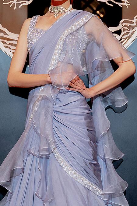 Varun Chakkilam_Blue Silk Organza Embroidery Pre-draped Ruffle Saree With Blouse _Online_at_Aza_Fashions